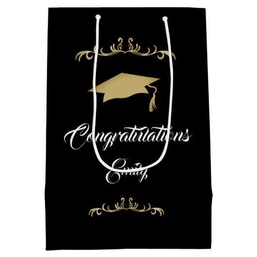 エレガント金ゴールドオーナメント卒業生 ミディアムペーパーバッグ (裏面)