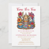 エレガント金ゴールドカラフルフローラティーポットブライダルシャワー 招待状 (正面)