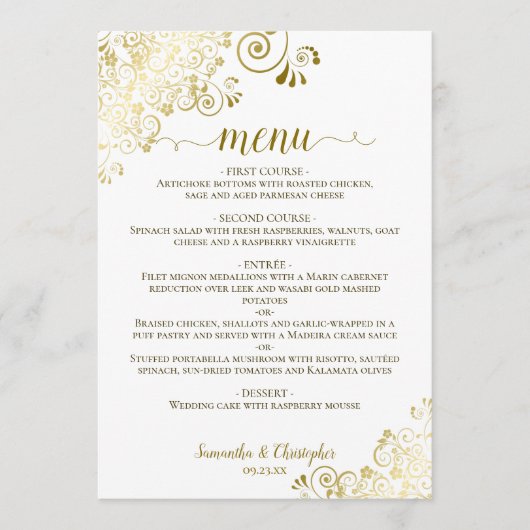 エレガント金ゴールドカールと白の渦巻き結婚形 メニュー (正面)