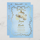 エレガント金ゴールドキャリッジブルー結婚ストーリーブック 招待状 (正面/裏面)