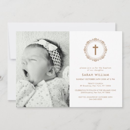 エレガント金ゴールドクラシックフォトクロスリースバプテスマ 招待状 (正面)