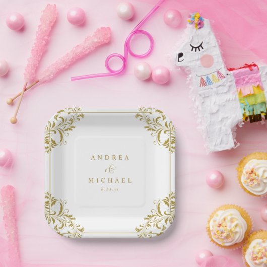 エレガント金ゴールドクラシック結婚ヴィンテージデザート ペーパープレート (パーティー)