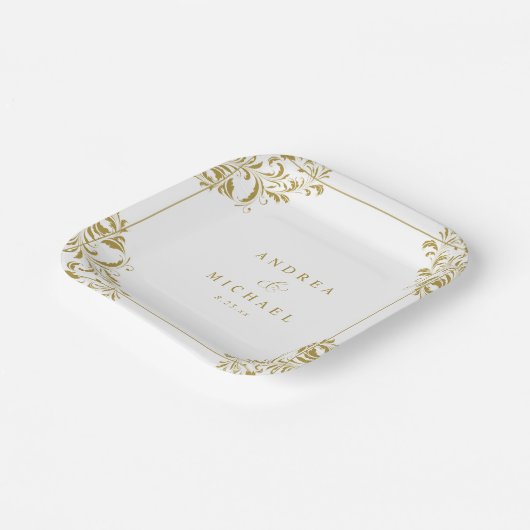 エレガント金ゴールドクラシック結婚ヴィンテージデザート ペーパープレート (傾斜あり)