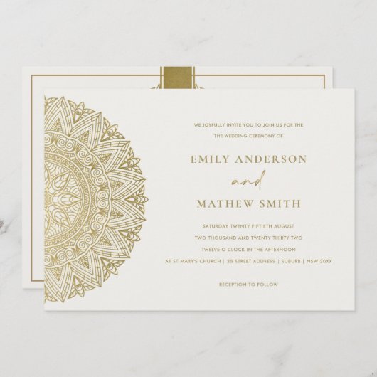 エレガント金ゴールドクラシック華美結婚式の招待 サンキューカード (正面/裏面)