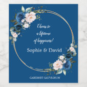 エレガント金ゴールドクラス青ピンクの花開花結婚 ワインラベル (シングルラベル)