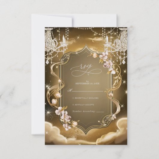 エレガント金ゴールドクリスタル結婚シャンデリア 出欠カード (正面)