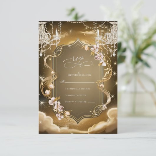 エレガント金ゴールドクリスタル結婚シャンデリア 出欠カード (スタンド正面)