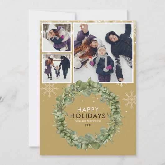 エレガント金ゴールドクリスマス3フォトグリーナリーリース シーズンカード (正面)