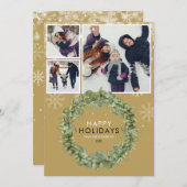 エレガント金ゴールドクリスマス3フォトグリーナリーリース シーズンカード (正面/裏面)