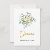 エレガント金ゴールドクロスと水色の緑葉色 サンキューカード (裏面)