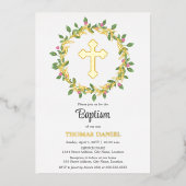 エレガント金ゴールドクロスバプテスマフローラリース 箔招待状 (正面)