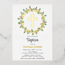 エレガント金ゴールドクロスバプテスマフローラリース 箔招待状