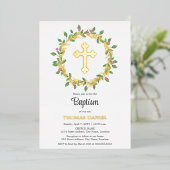 エレガント金ゴールドクロスバプテスマフローラリース 箔招待状 (立ち正面)