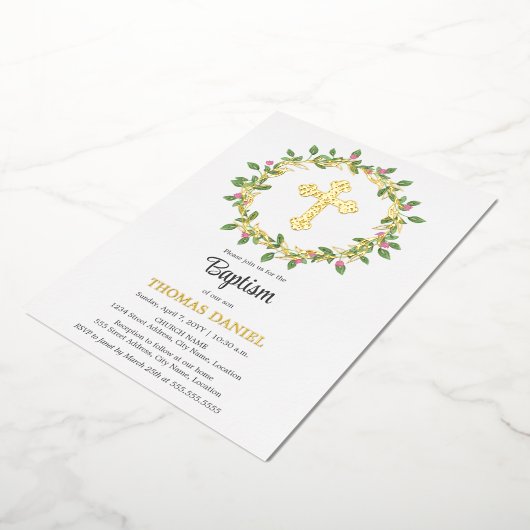 エレガント金ゴールドクロスバプテスマフローラリース 箔招待状 (回転した状態)