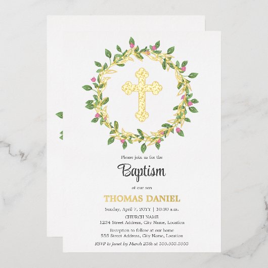 エレガント金ゴールドクロスバプテスマフローラリース 箔招待状 (正面/裏面)