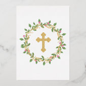 エレガント金ゴールドクロスバプテスマフローラリース 箔招待状 (裏面)