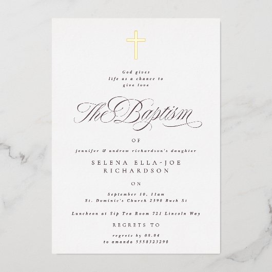 エレガント金ゴールドクロスバプテスマ写真招待状 箔招待状 (正面)