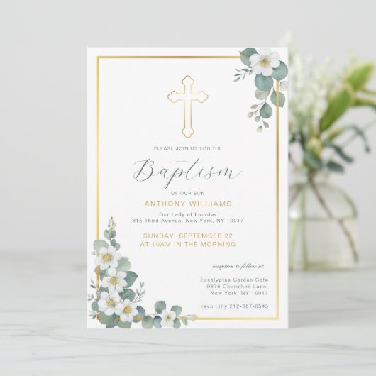 エレガント金ゴールドクロスバプテスマ招待状 招待状 (スタンド正面)