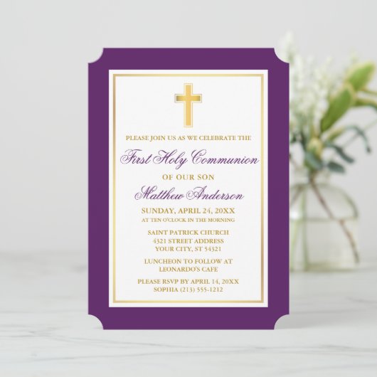 エレガント金ゴールドクロスパープル第1聖体 招待状 (スタンド正面)