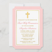 エレガント金ゴールドクロスピンク第1聖餐式 招待状 (正面)