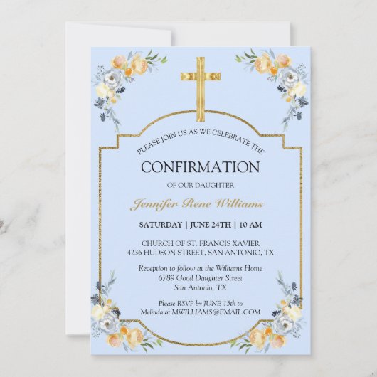 エレガント金ゴールドクロスブルーフローラ確認 招待状 (正面)