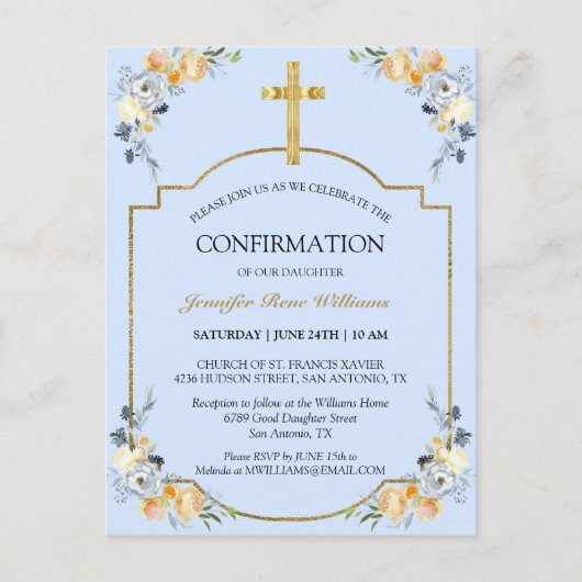 エレガント金ゴールドクロスブルーフローラ確認Invita インビテーションポストカード (正面)