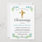 エレガント金ゴールドクロスボーイズブルーフローラ《キリスト教》洗礼式や命名式 招待状 (正面)