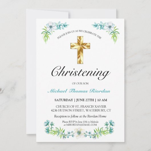 エレガント金ゴールドクロスボーイズブルーフローラ《キリスト教》洗礼式や命名式 招待状 (正面)