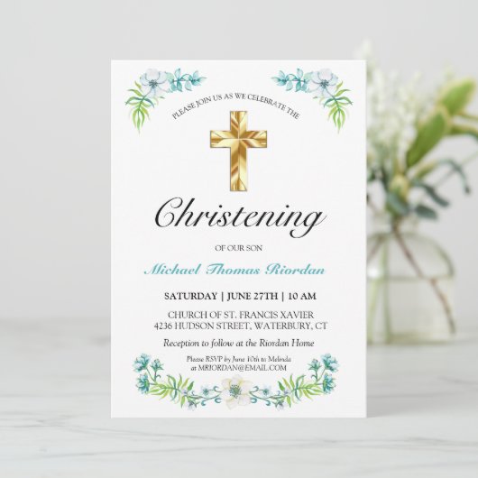 エレガント金ゴールドクロスボーイズブルーフローラ《キリスト教》洗礼式や命名式 招待状 (スタンド正面)