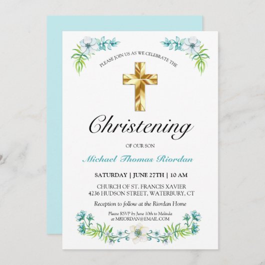 エレガント金ゴールドクロスボーイズブルーフローラ《キリスト教》洗礼式や命名式 招待状 (正面/裏面)