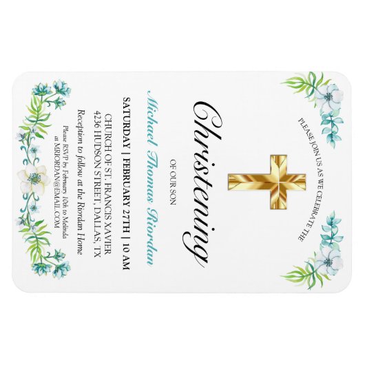 エレガント金ゴールドクロスボーイズブルー《キリスト教》洗礼式や命名式 マグネット (横)