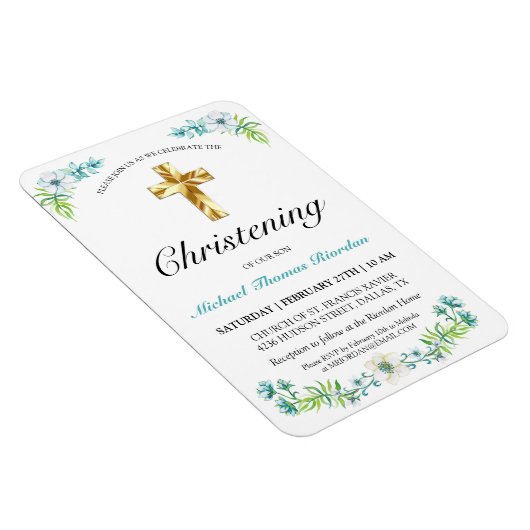 エレガント金ゴールドクロスボーイズブルー《キリスト教》洗礼式や命名式 マグネット (右側)