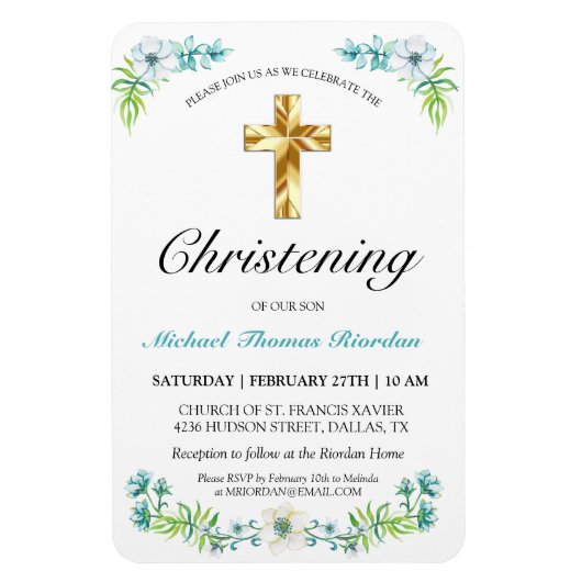 エレガント金ゴールドクロスボーイズブルー《キリスト教》洗礼式や命名式 マグネット (縦)