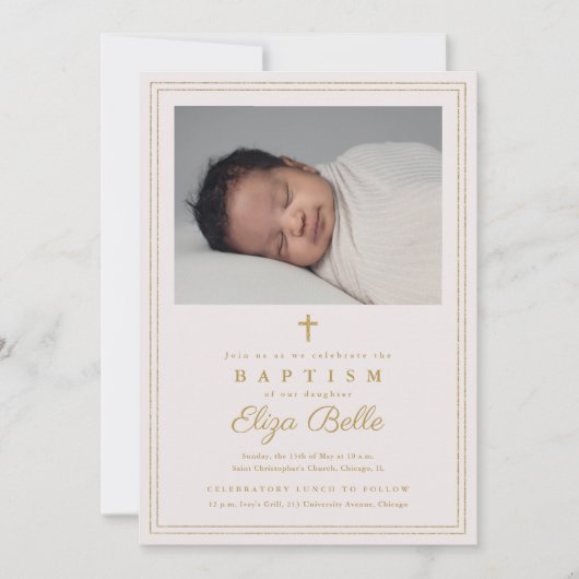 エレガント金ゴールドクロス宗教バプテスマ&《キリスト教》洗礼式や命名式 招待状 (正面)