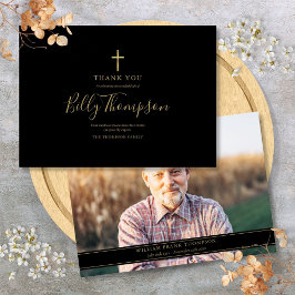 エレガント金ゴールドクロス記念の葬儀シンプル写真 サンキューカード