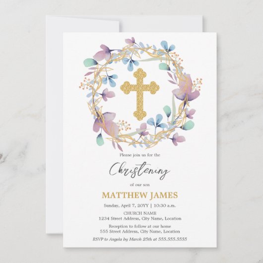 エレガント金ゴールドクロス《キリスト教》洗礼式や命名式フローラ 招待状 (正面)