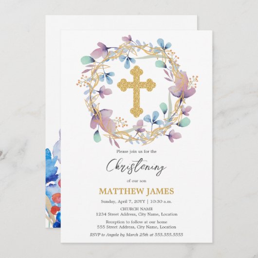 エレガント金ゴールドクロス《キリスト教》洗礼式や命名式フローラ 招待状 (正面/裏面)