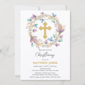 エレガント金ゴールドクロス《キリスト教》洗礼式や命名式フローラ 招待状 (正面)