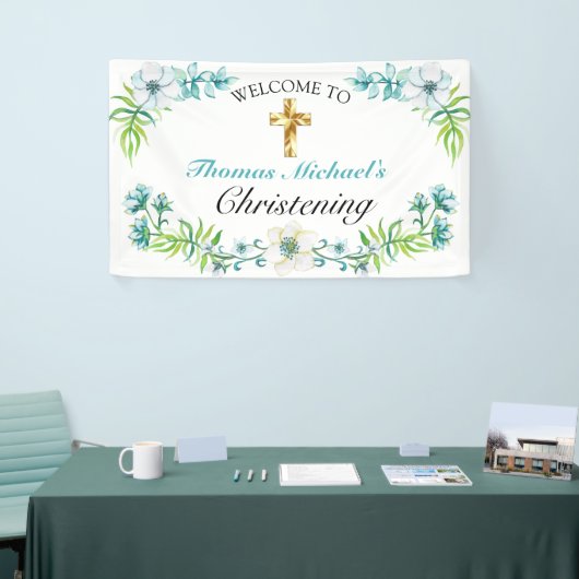 エレガント金ゴールドクロス《キリスト教》洗礼式や命名式披露宴へようこそ 横断幕 (トレードショー)