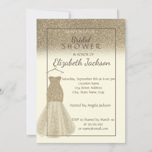 エレガント金ゴールドグラデーショングリッター、ドレスブライダルシャワー 招待状 (正面)