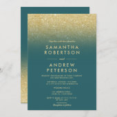 エレガント金ゴールドグラデーションティール（緑がかった色）結婚の 招待状 (正面/裏面)