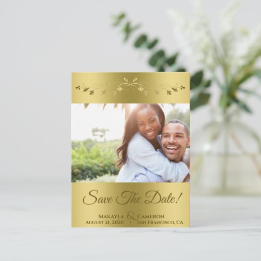 エレガント金ゴールドグラデ結婚ーションの日付き救はがき シーズンポストカード (スタンド正面)