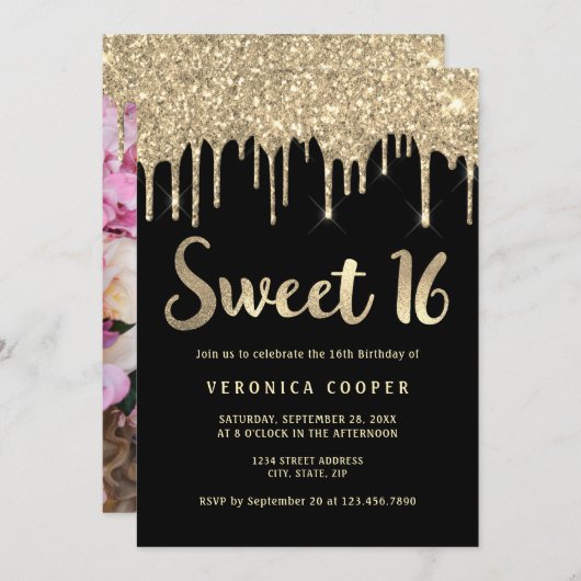 エレガント金ゴールドグリッターがsweet sixteen写真を乾燥 招待状 (正面/裏面)