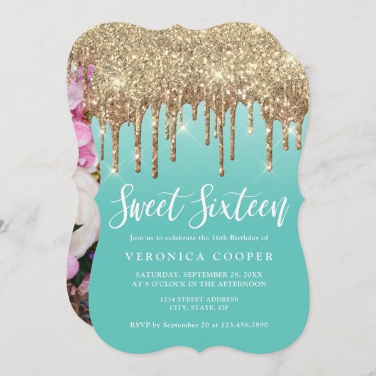 エレガント金ゴールドグリッターがsweet sixteen写真を乾燥 招待状 (正面/裏面)