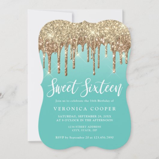 エレガント金ゴールドグリッターがsweet sixteen写真を乾燥 招待状 (正面)