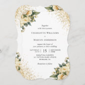 エレガント金ゴールドグリッターアイボリーバラ結婚フローラ 招待状 (正面/裏面)