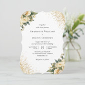 エレガント金ゴールドグリッターアイボリーバラ結婚フローラ 招待状 (スタンド正面)