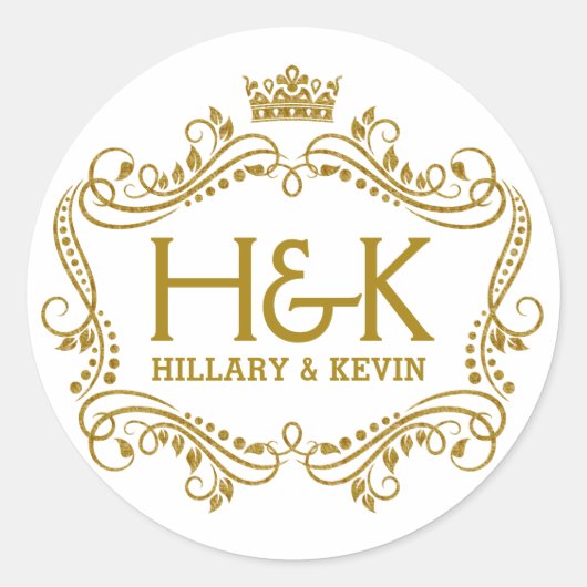 エレガント金ゴールドグリッタークラウン&フローラフレーム ラウンドシール (正面)