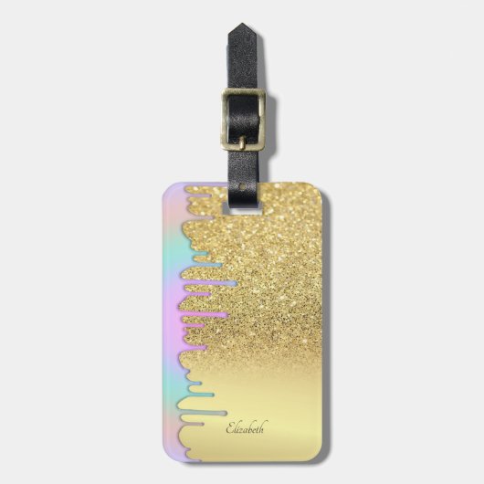 エレガント金ゴールドグリッターグラデーション《写真》ぼけ味、レインボードリップ ラゲッジタグ (正面縦)