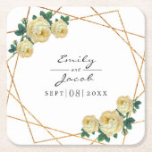 エレガント金ゴールドグリッタージオイエローフローラ結婚ズ スクエアペーパーコースター (正面)